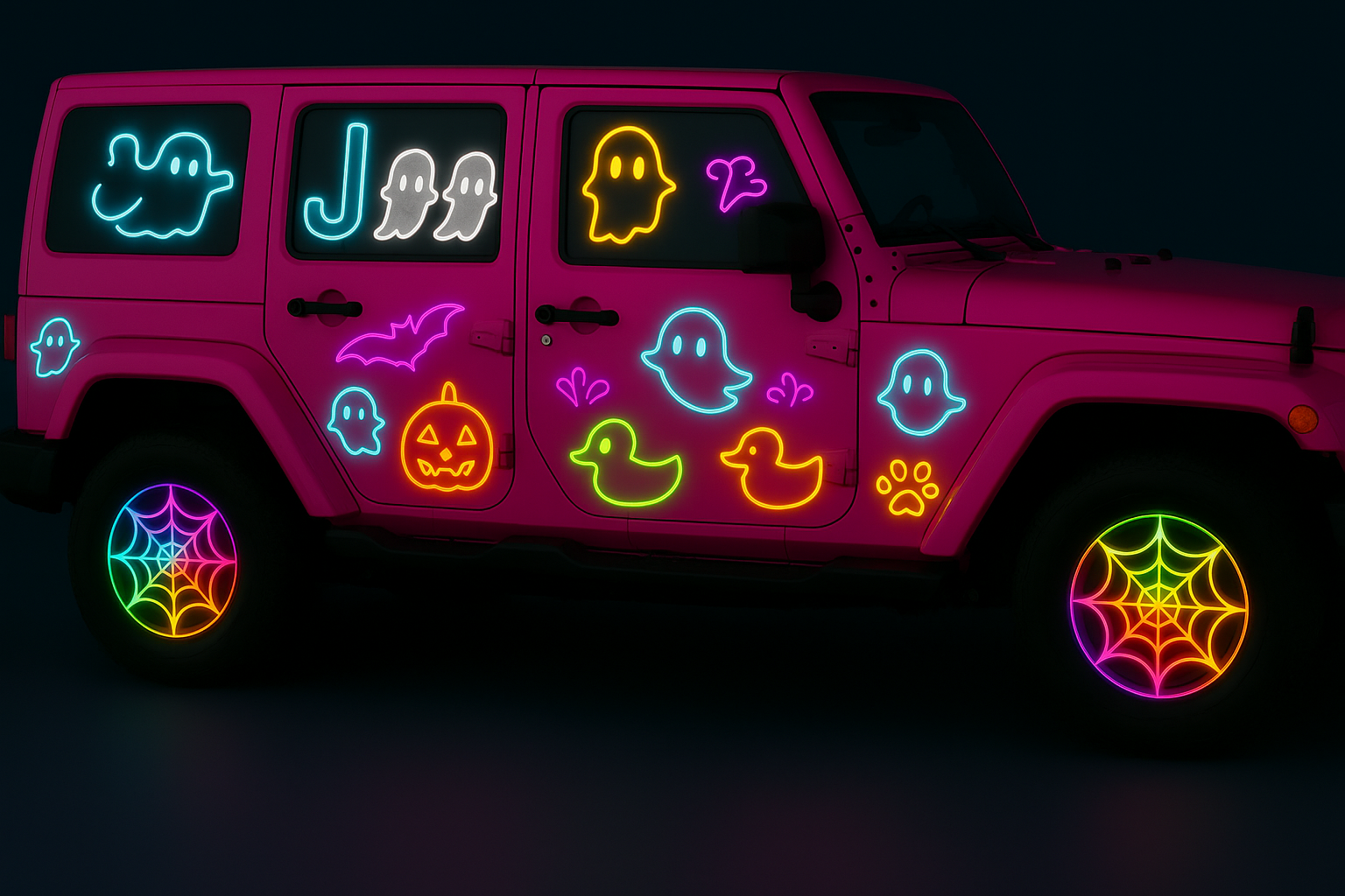 Pink Halloween Jeep with colorful spider webs like 2 pictures ago