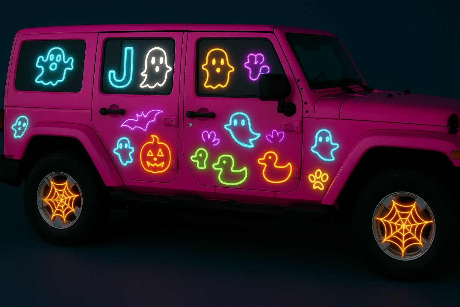 Pink Halloween Jeep with J👻👻P on passenger window