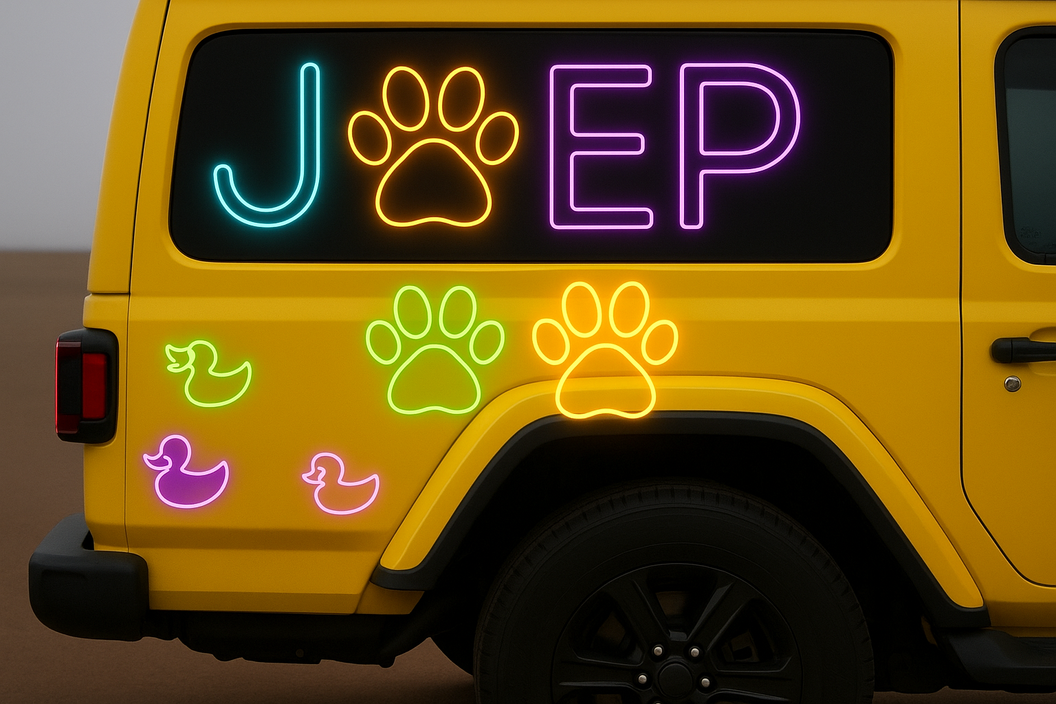 Yellow Jeep Wrangler with dog paw prints added at arrow locations