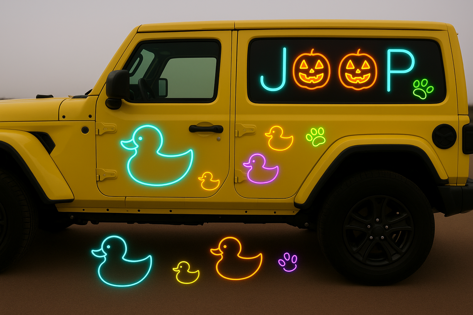 Yellow Jeep Wrangler with J-pumpkin-pumpkin-P neon signage